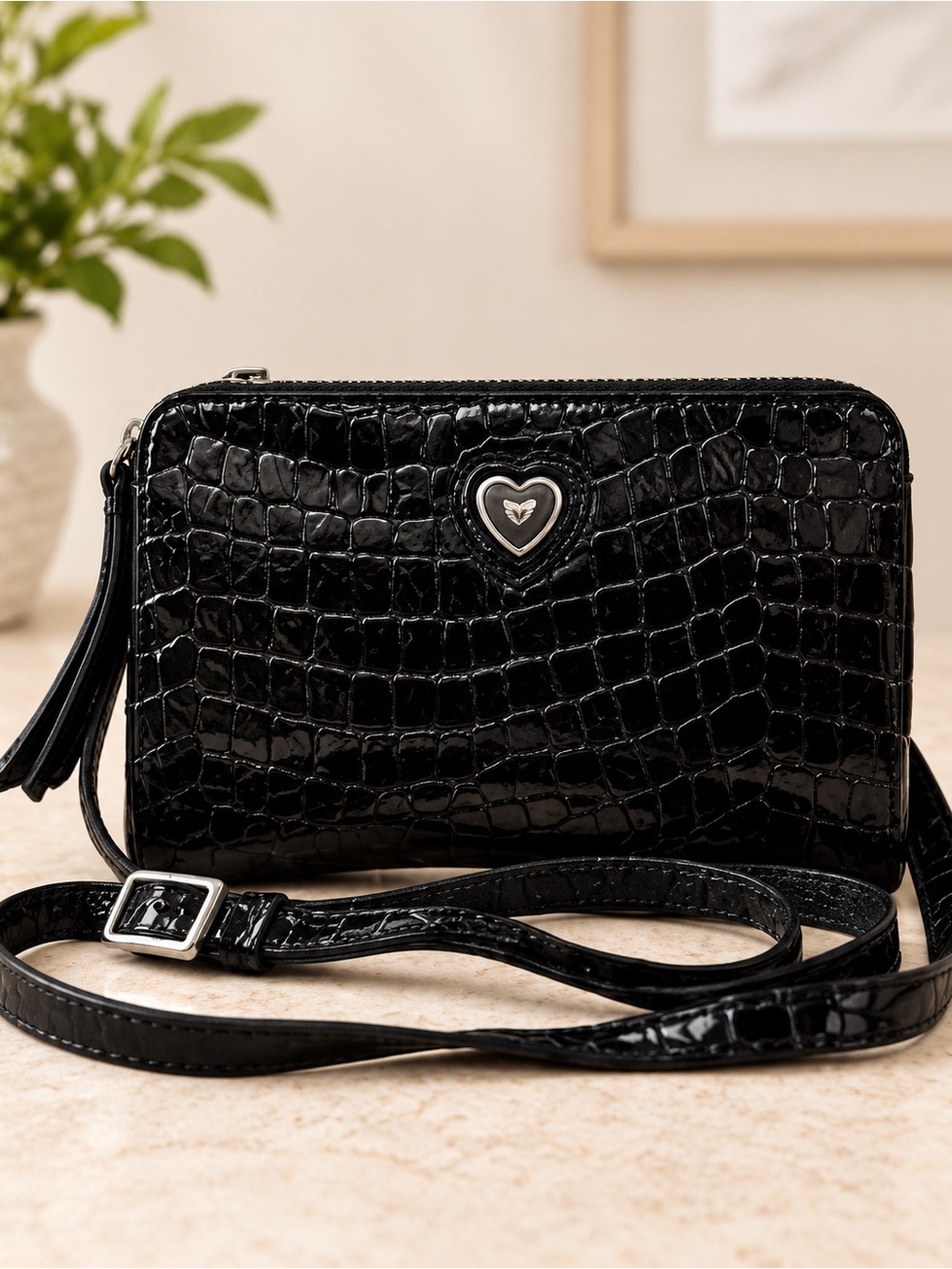 Brighton Black Croc Embossed Leather Heart Crossbody Bag